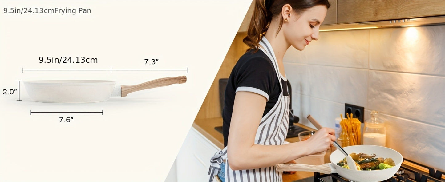 Black or White Nonstick Cookware Set with Frying Pans, Lidded Pots and Wood-Look Handles for Home Kitchens