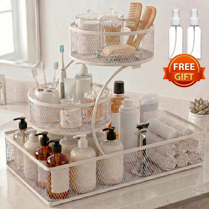 Bathroom Storage Rack 3-Tier Metal Countertop Organizer with Spray Bottle & Hooks – Rust-Resistant Diamond Mesh Shelf for Vanity, Skincare, Cosmetics & Toiletries