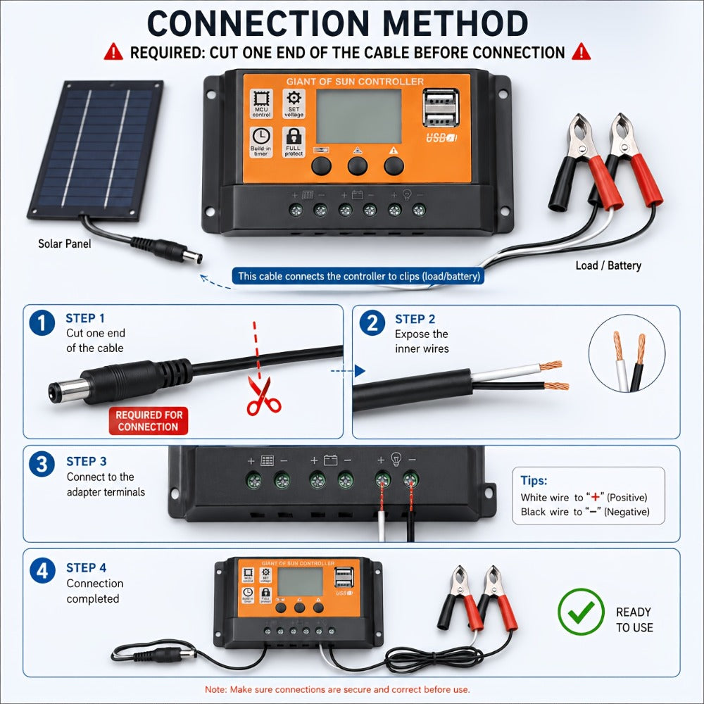 Solar Panel Kit with Charge Controller, Extension Cord & Battery Clamps - Universal Off-Grid Power for RV, Boat, Motorcycle, Outdoor Camera & Solar Generator