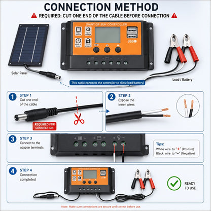 Solar Panel Kit with Charge Controller, Extension Cord & Battery Clamps - Universal Off-Grid Power for RV, Boat, Motorcycle, Outdoor Camera & Solar Generator