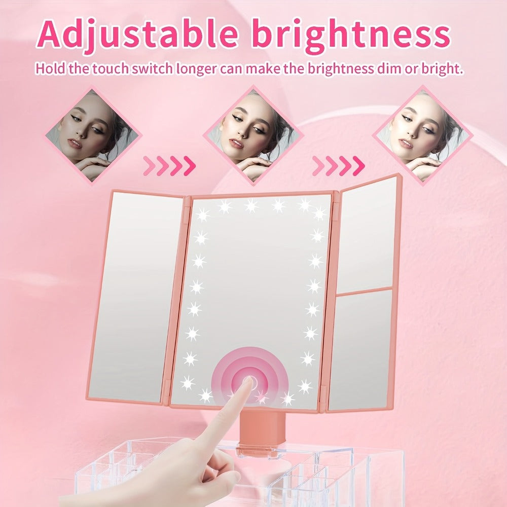 Makeup Mirror Tri-Fold Vanity with 24 LEDs, 1X 2X and 3X Panels, Touch Dimming, Storage Base and Dual Power
