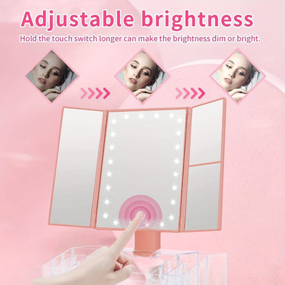 Makeup Mirror Tri-Fold Vanity with 24 LEDs, 1X 2X and 3X Panels, Touch Dimming, Storage Base and Dual Power