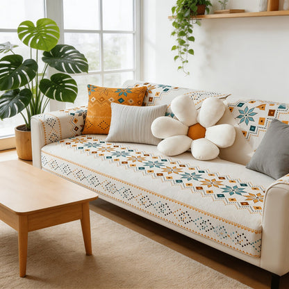 Chenille Sofa Cover Bohemian Style 1pc - Ethnic Pattern Anti-Slip Cat Scratch Resistant Skin-Friendly Couch Slipcover | 2 3 4 Seat Sizes White Green | Living Room Bedroom Office Sofa Cushion Cover Home Decor