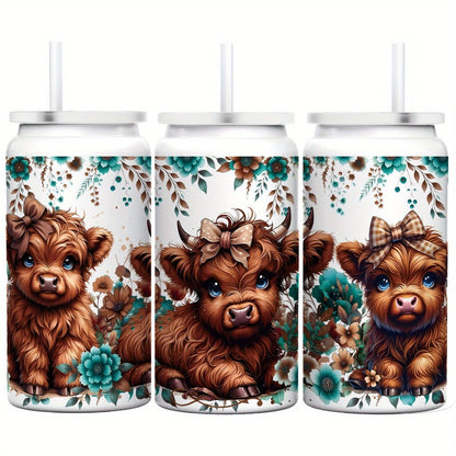 Insulated Tumbler 16oz or 40oz-2 Highland Cow Floral Graphic in 304 Stainless Steel Vacuum Design