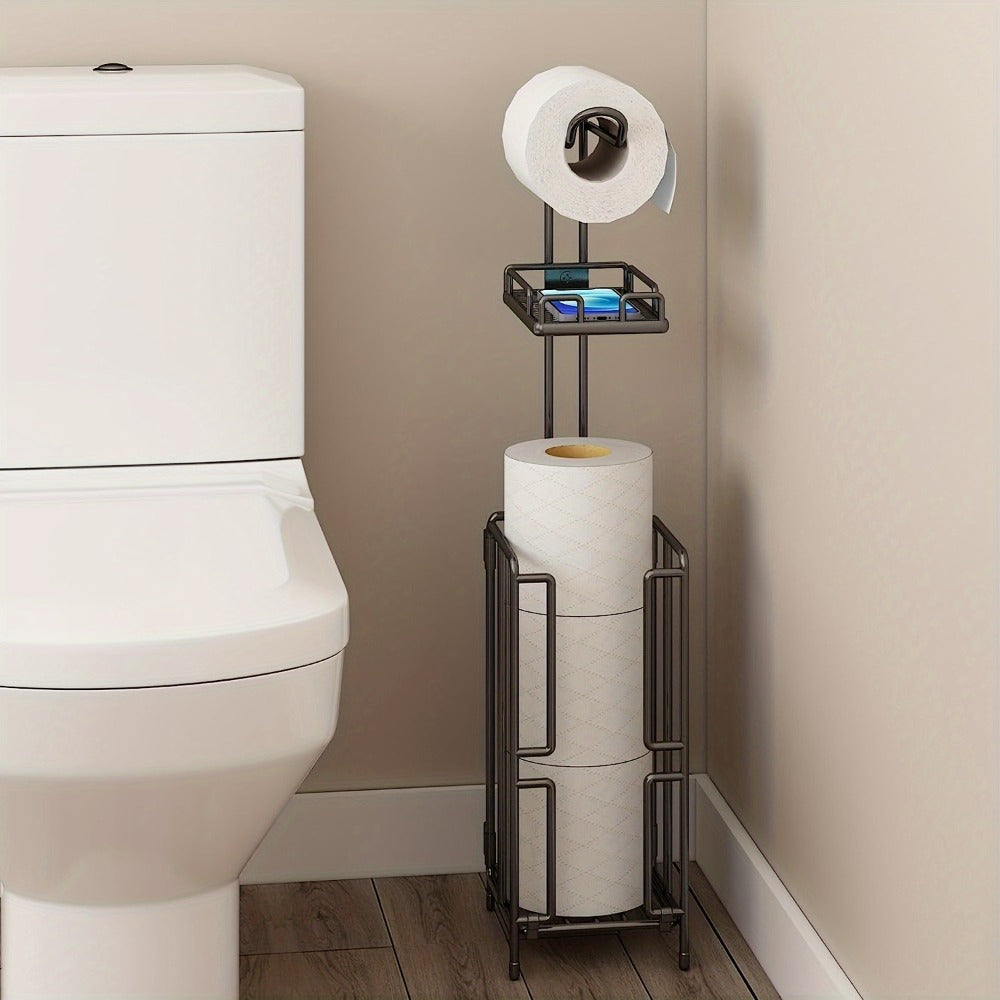 Freestanding Toilet Paper Holder with Square Reserve-Roll Cage, Upper Shelf and Single or Two-Pack Options