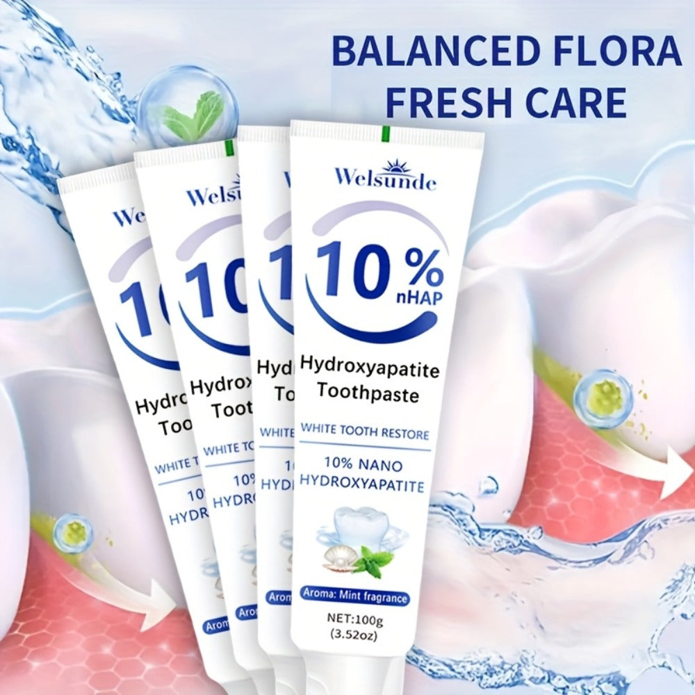 Four-Pack 100g Spearmint Toothpaste Tubes with 10% Hydroxyapatite Label and 400g Total Quantity