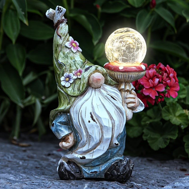 11-Inch Solar Garden Gnome Statue with Illuminated Globe, Blue Robe and Integrated Rear Panel