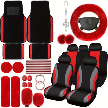 Car Seat Covers Full Set for Women Fluffy Steering Wheel Cover Seat Belt Pads Floor Mats AC Vent Strips Universal Fit Front Rear Seat Protector Interior Accessories Set Pink Purple Red Blue