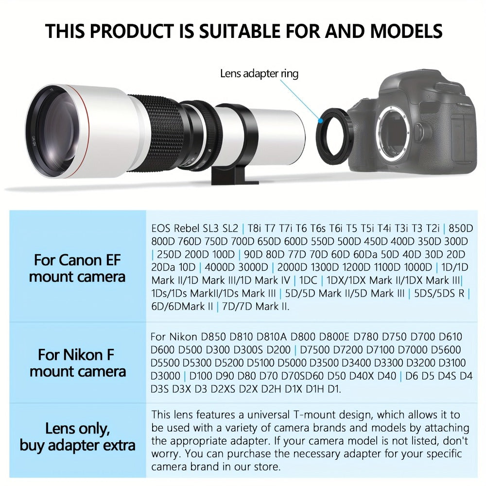 500mm F/8 Manual-Focus Telephoto Lens with T-Mount Adapters in Four Canon EF or Nikon F Options