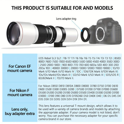 500mm F/8 Manual-Focus Telephoto Lens with T-Mount Adapters in Four Canon EF or Nikon F Options