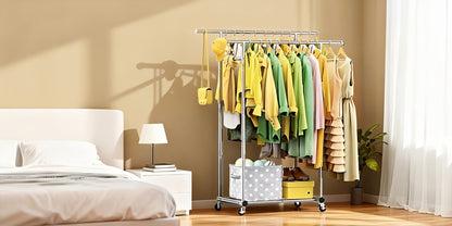 Portable Clothes Rack with Wheels – Heavy Duty Double Rod Garment Rack with Shelves & Hooks | Metal Rolling Clothing Rack for Hanging Clothes | Multi-Functional Closet Rack for Bedroom & Laundry Room