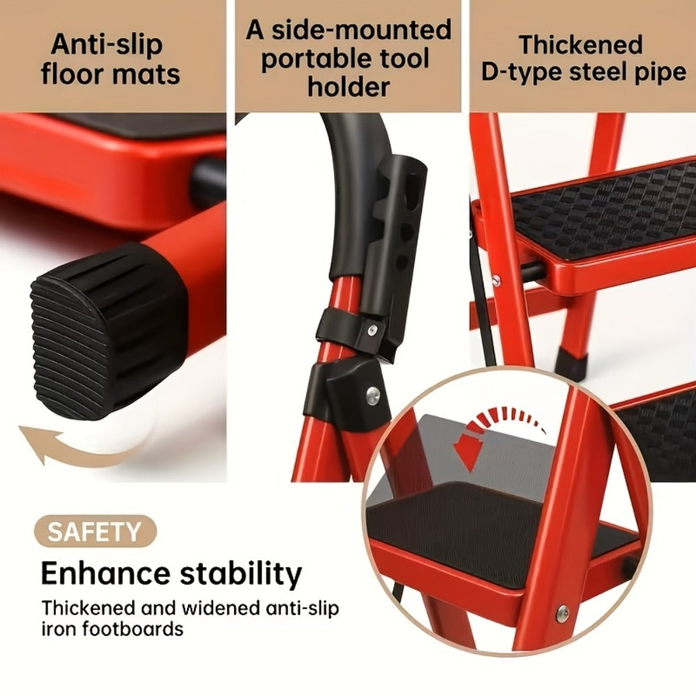 Red Five-Step Folding Ladder, 55.1 Inches Open with Padded Handrail, Side Tool Holder and Ribbed Treads