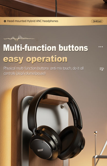 Acer OHR560 ANC Over-Ear Wireless Headphones, Full-Coverage Foldable Design HiFi Stereo HD ENC Call Noise Reduction Built-in Mic, 3.5mm Audio Cable Compatible for Work Travel Gaming Study
