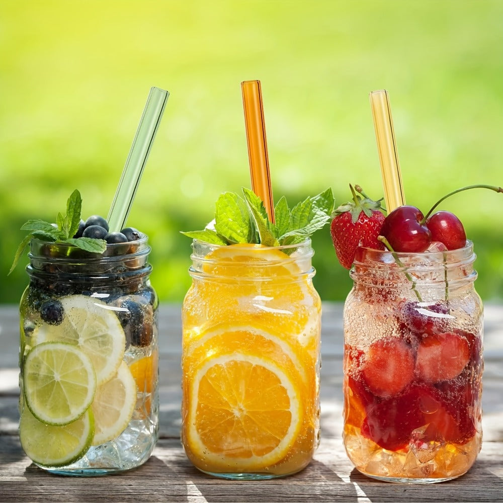 12-Pack Reusable Borosilicate Glass Straw Set with Cleaning Brushes in 6 or 8 Inch Lengths for Drinks