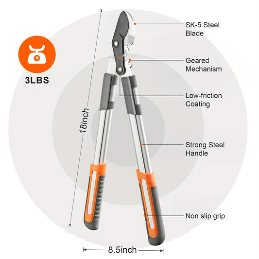 Long Reach Pruning Shears 18-38 Inch Extendable - Non-Stick Steel Blades Cut 2" Branches, Shock-Absorbing Handle, Heavy-Duty Hedge Shears for Tree & Shrub Trimming
