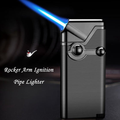 Rocker-Arm Torch Lighter with Straight Flame Outlet and Brushed Silver-Tone Metal Body Design