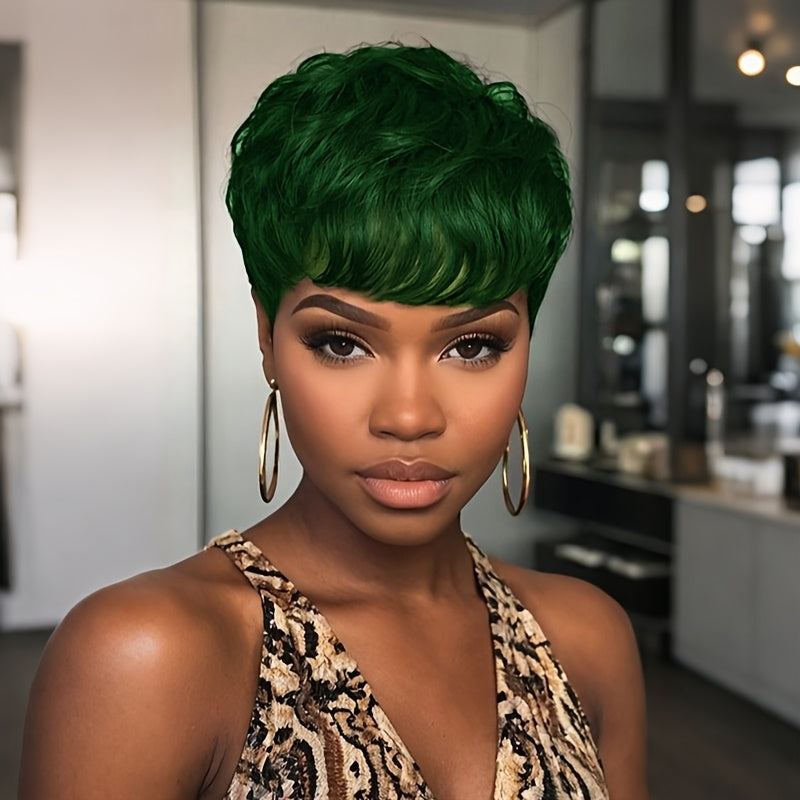 Short Body Wave Synthetic Wig with Bangs & Rose Net Cap – Colorful Fashion Wig for Women in Orange, Purple, Wine Red, Green, Blue & Brown, Lightweight Adjustable Daily Wear, 6 Inch