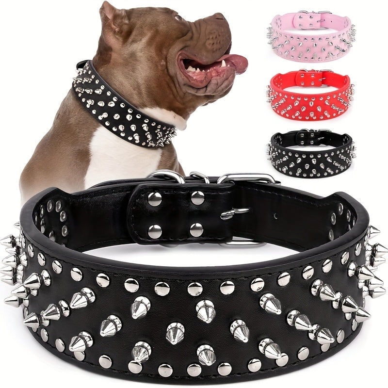 Wide Studded Dog Collar with Faux-Leather Band, Metal Spikes and Rivets in Six Colors, Sizes M and L