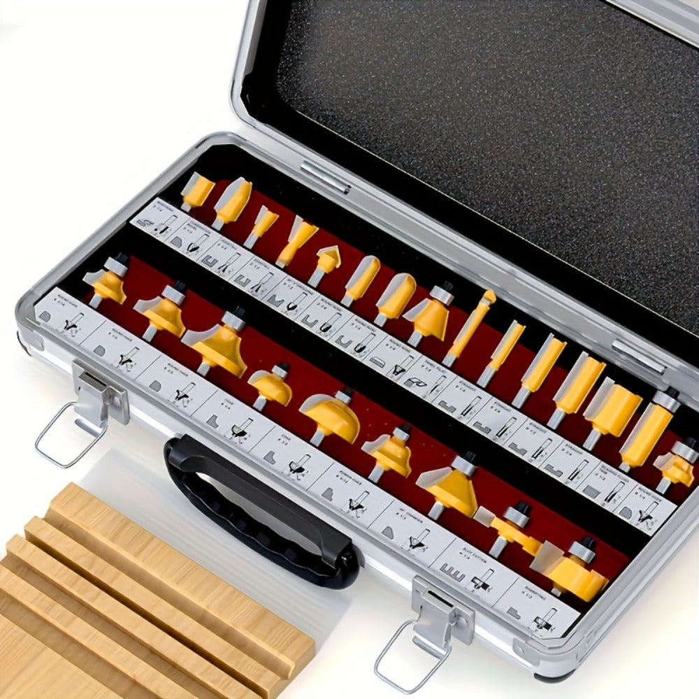 Carbide-Tipped Router Bit Set with 1/4-Inch Shanks and Metal Case in 24- or 35-Piece Options