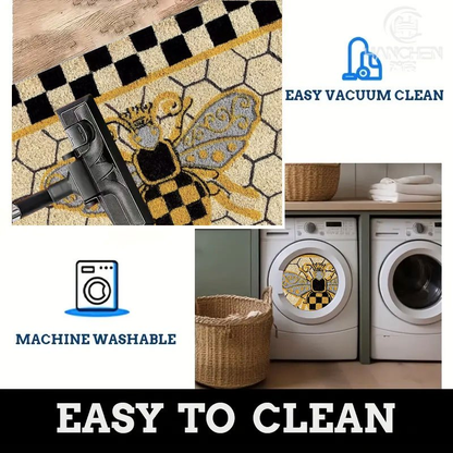 Bee Honeycomb Entryway Floor Mat with Black Check Border in Three Sizes from 15.74 x 23.62 to 17.71 x 47.24 Inches