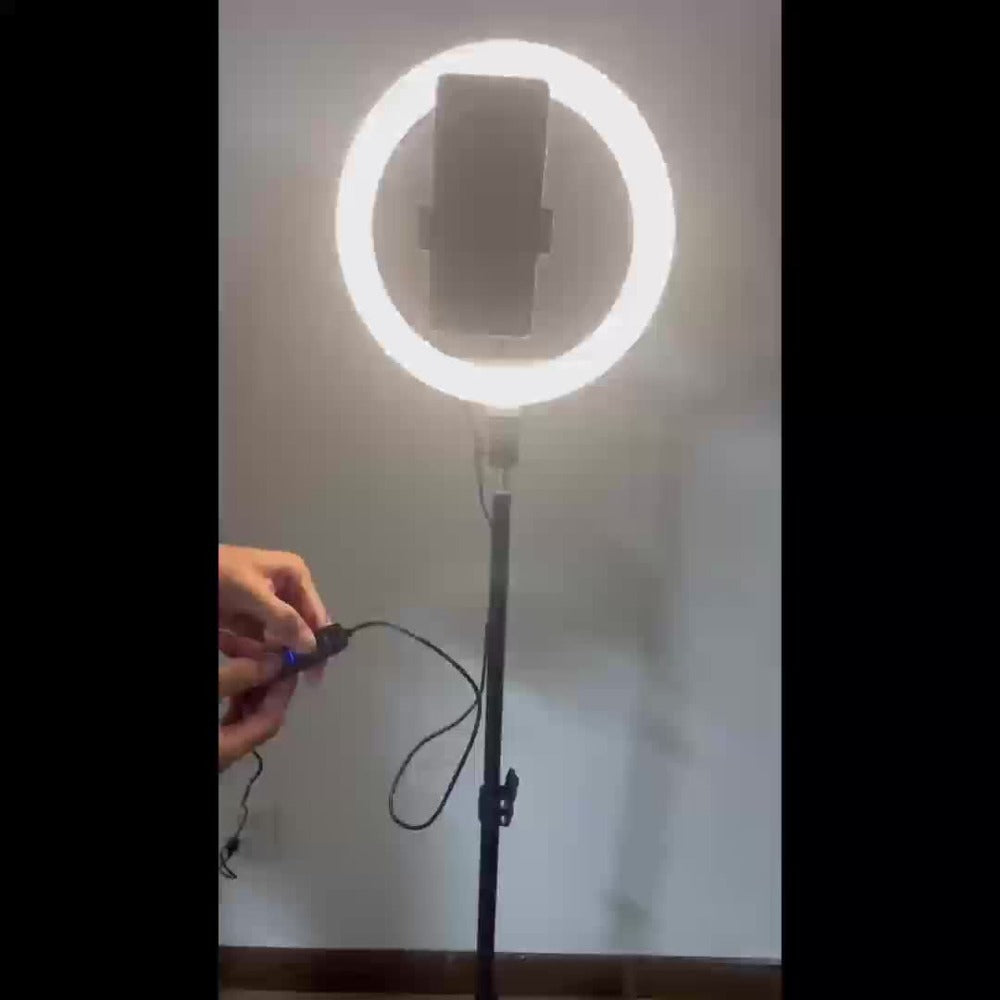 10- or 12-Inch USB Ring Light with Floor Tripod, Center Phone Holder and Three-Color Model Options