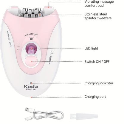 Electric Epilator for Women USB Rechargeable 2-Speed Painless Hair Removal – Stainless Steel Blades Cordless Portable Body Hair Remover for Legs Bikini Line Face, Ergonomic Pink Design, Gift for Her