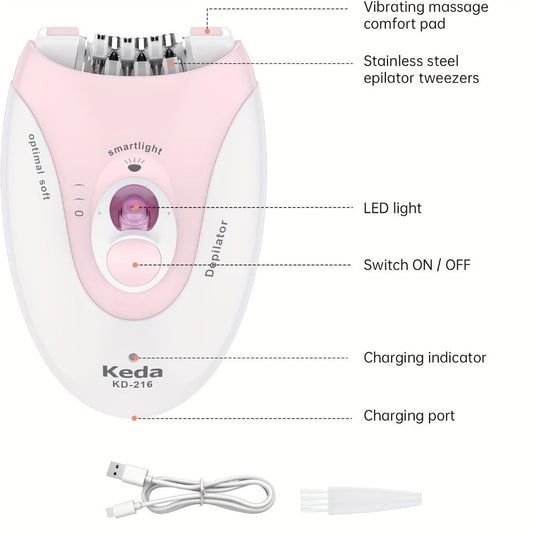 Electric Epilator for Women USB Rechargeable 2-Speed Painless Hair Removal – Stainless Steel Blades Cordless Portable Body Hair Remover for Legs Bikini Line Face, Ergonomic Pink Design, Gift for Her