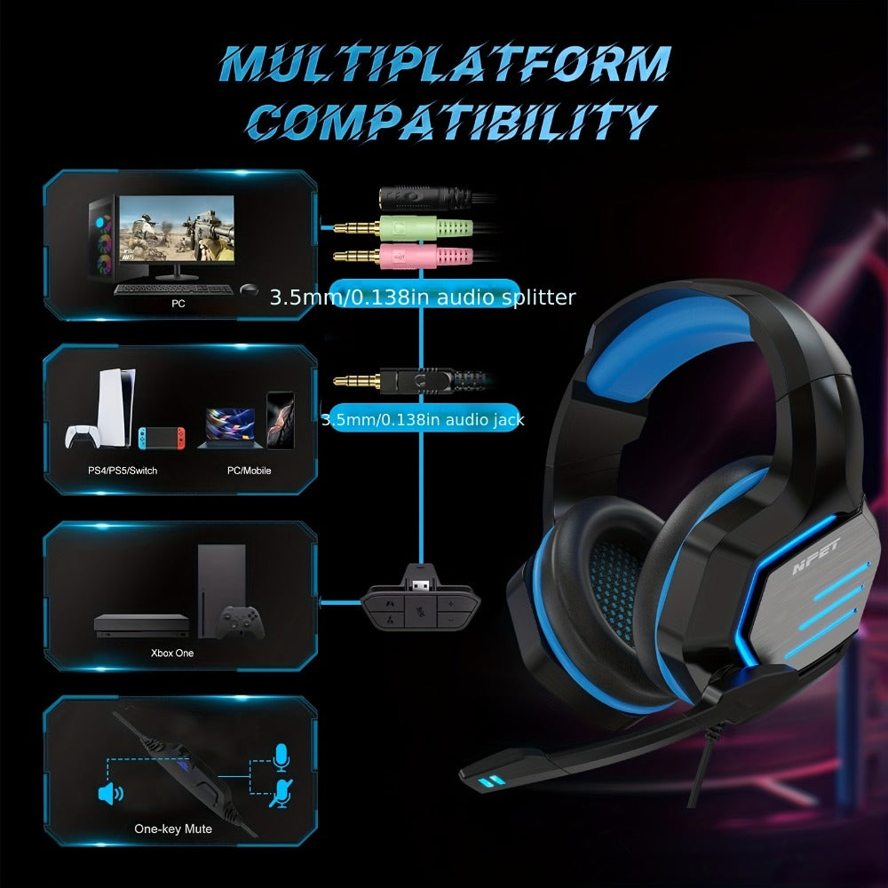NPET Gaming Headset PS4 PS5 Xbox One PC Noise Cancelling Mic Stereo Over-Ear Headphones Blue LED Bass Surround Sound Soft Memory Earmuffs Wired 1-Pack 2-Pack Bundle