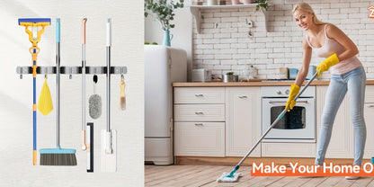 Two-Pack Wall-Mounted Broom and Mop Holders with Four Grip Racks, Five Hooks and Exact Configuration