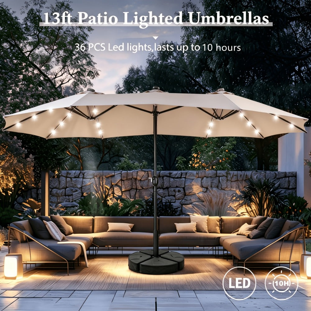 Patio Umbrella, 13ft Double Sided with Solar LED Lights Stand Base Included UPF50+ 220GSM shown in the main product view