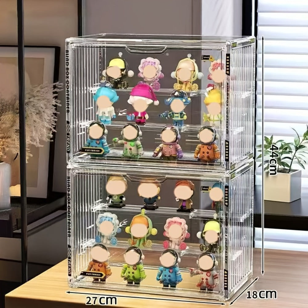 Clear Acrylic Figure Display Case with Magnetic Door, Adjustable Dividers and 3- or 4-Tier Options