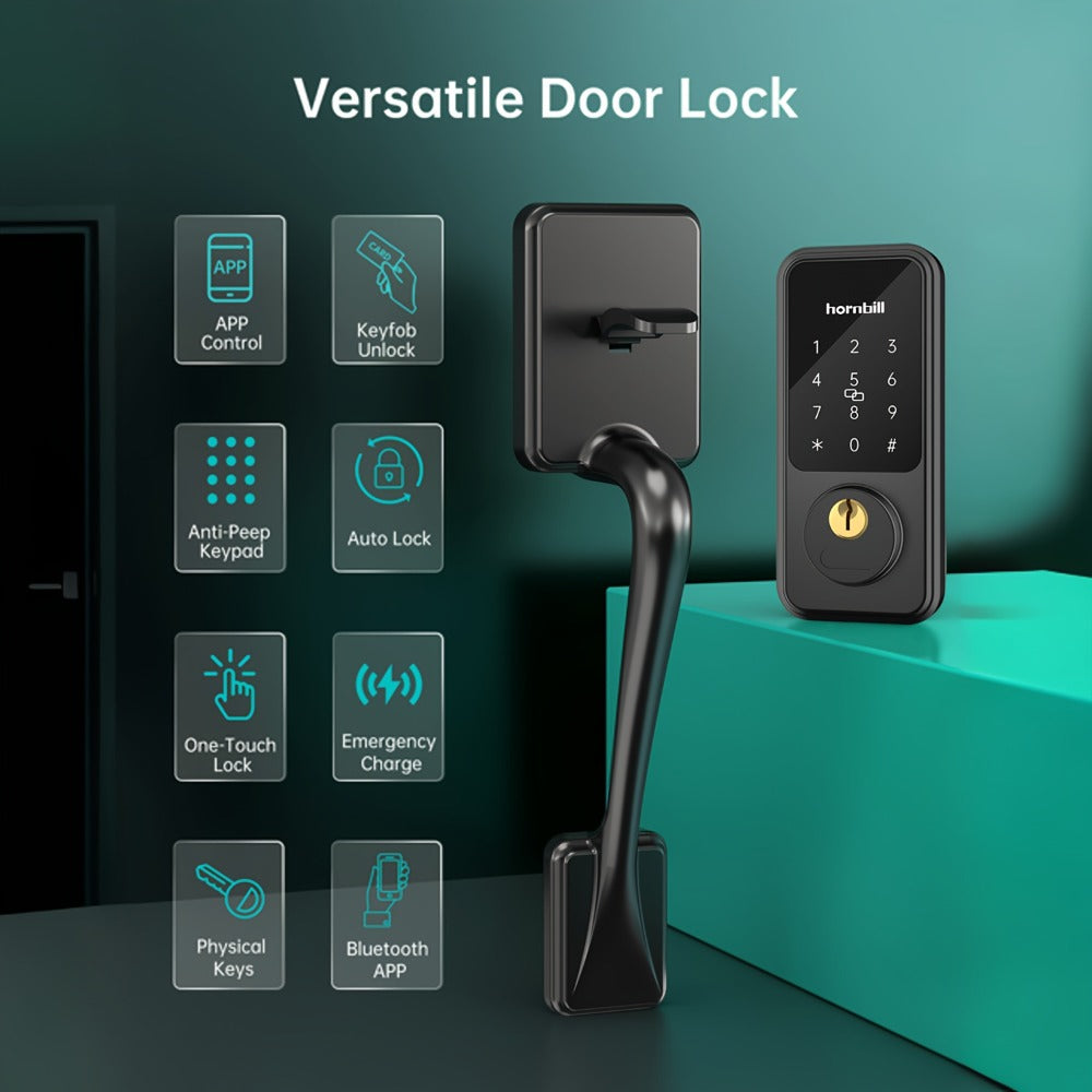 Hornbill Smart Door Lock Set with Handle - Alexa Compatible Keypad Deadbolt, Bluetooth App, Keyfob & Auto-Lock, Complete Keyless Entry Front Door Upgrade, Matte Black & Silver