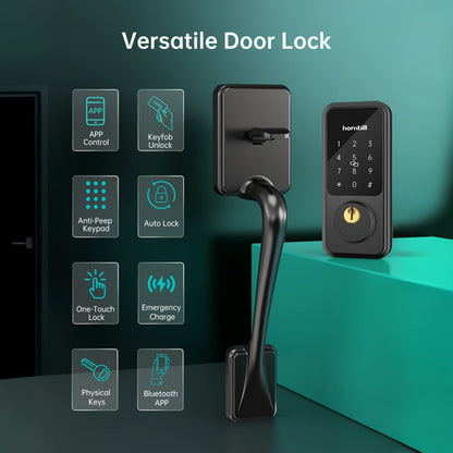 Hornbill Smart Door Lock Set with Handle - Alexa Compatible Keypad Deadbolt, Bluetooth App, Keyfob & Auto-Lock, Complete Keyless Entry Front Door Upgrade, Matte Black & Silver