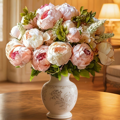 Faux Peonies Hydrangeas Artificial Flowers Vintage Silk Bouquet - Pink Green Mix Floral Centerpiece for Bridal Wedding Home Table Decor Rustic Farmhouse Arrangement