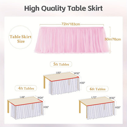 Pink Tutu Table Skirt 6ft – Ruffle Tulle Table Skirt for Rectangle & Round Tables, Princess Girls Birthday Party, Cake Dessert Table Decor, Gold Brim, Multiple Colors Available