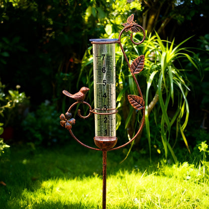 Decorative Eight-Inch Outdoor Rain Gauge with Bird Ornament and Spiral Metal Stake in Black or Bronze