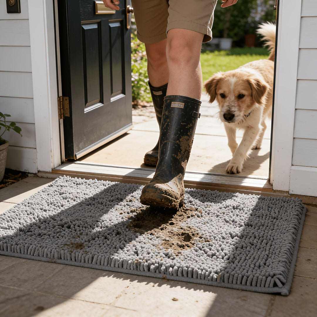 Indoor Door Mat in Chenille, Gingham Dog Paw Entryway Rug in Rectangular or Oval Shapes for Home Entrances