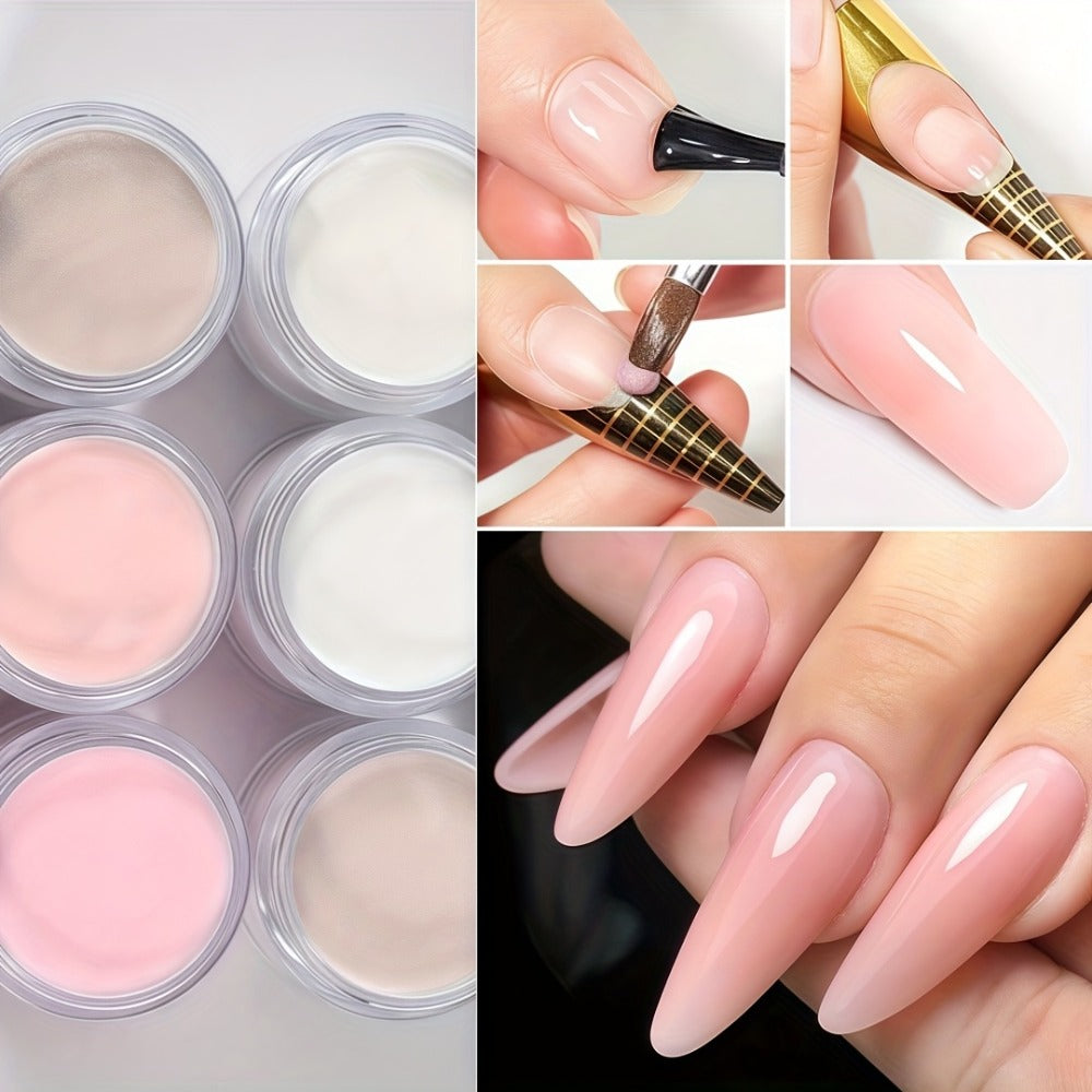 Six-Color Acrylic Nail Powder Set with Six 10g Jars in Light Nude, Pink and White Tones, Set 04