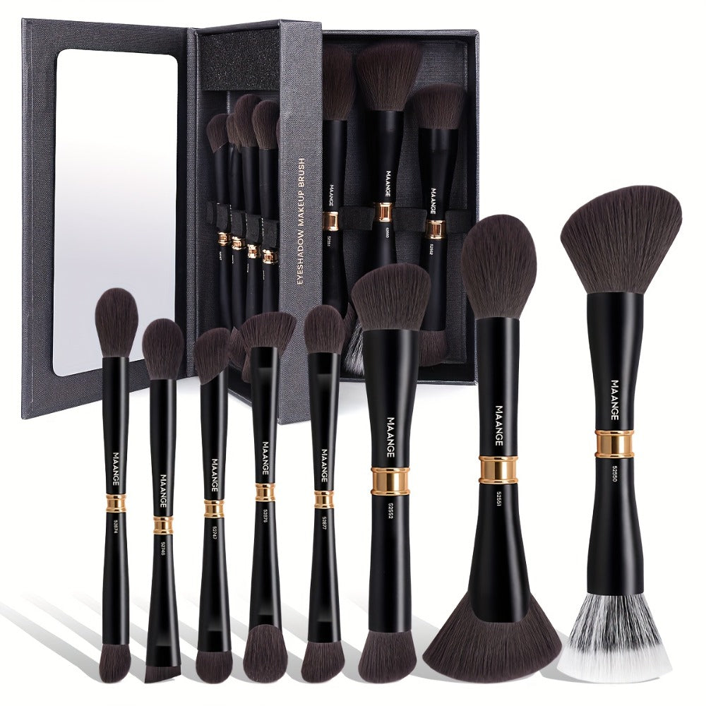 Double-Ended Makeup Brush Set 8-Piece with Storage Box – Premium Aluminum Alloy Handle, 16 Brush Heads for Foundation Blush Contour, Travel-Ready Gift for Women
