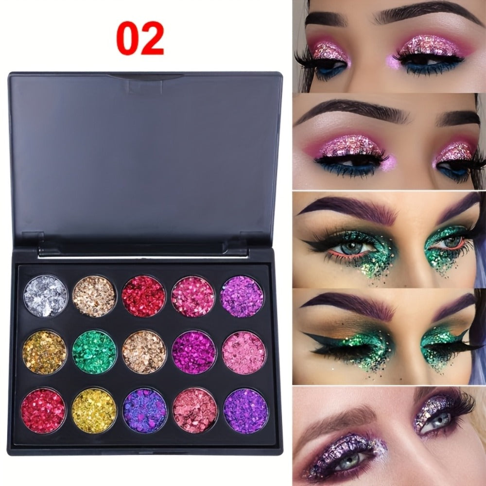 Glitter Eyeshadow Palette 2-Pack 15 Colors Each — Shimmer Metallic Sequin Foil Squalane-Infused High Pigment Eye Shadow Set for Stage Festival Party All Skin Tones Women