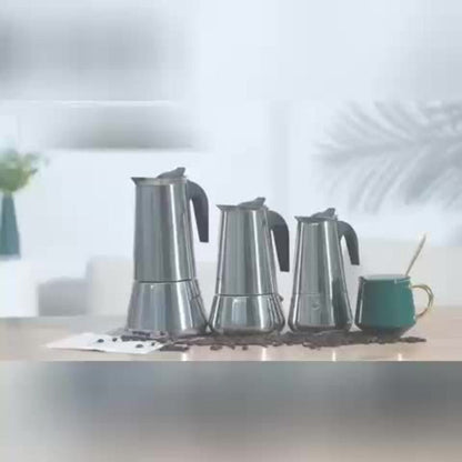 Straight-Sided Stovetop Moka Pot with Reusable Filter, Safety Valve and 2-, 4-, 6-, 9- or 12-Cup Options