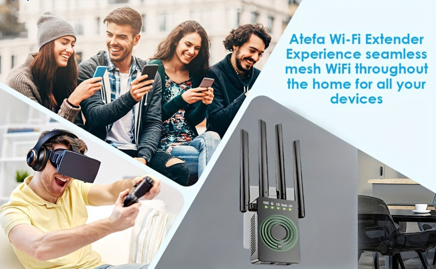 WiFi Range Extender 1200Mbps Dual-Band 2.4/5.8GHz with Four Antennas, WPS Control and Ethernet Port in Black