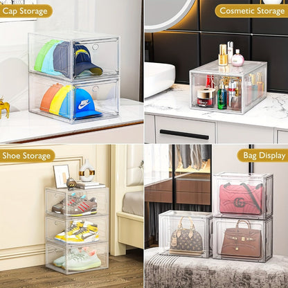 Six-Pack Clear Stackable Shoe Display Boxes with Magnetic Front Doors in Black or White for Closets