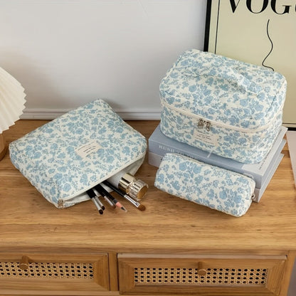 Three-Piece Floral Makeup Bag Set with Carry Handle, Gold-Color Zippers and Four Image-Bound Pattern Options