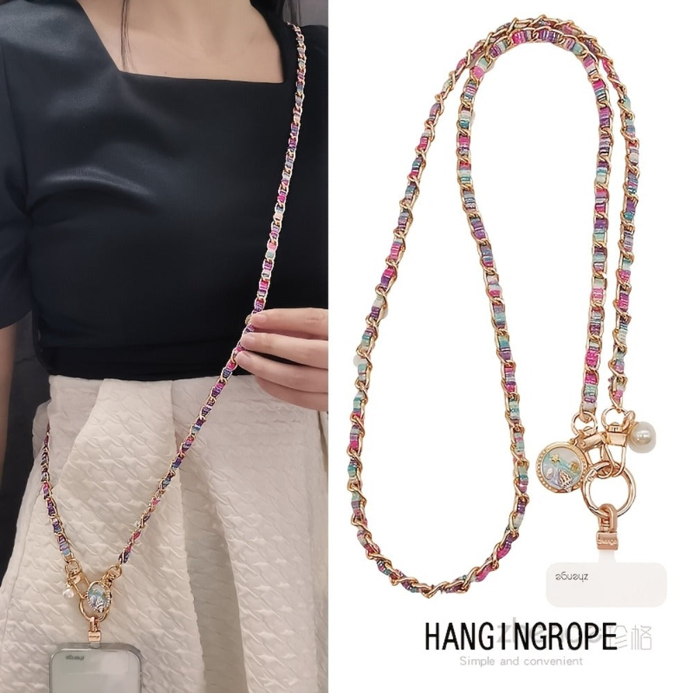 Purple Rose Pattern Phone Crossbody Chain Lanyard with Round Disc Charm and Pictured 65 cm Length