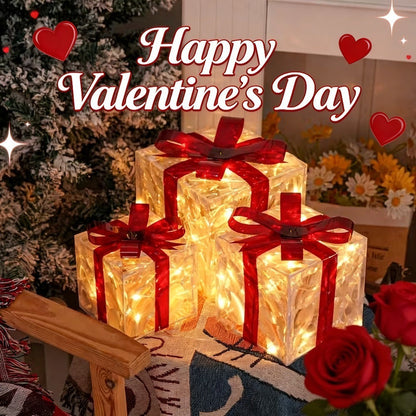Three-Piece Lighted Gift Box Decoration Set with LED String Lights, Bow Handles and Four Holiday Style Options