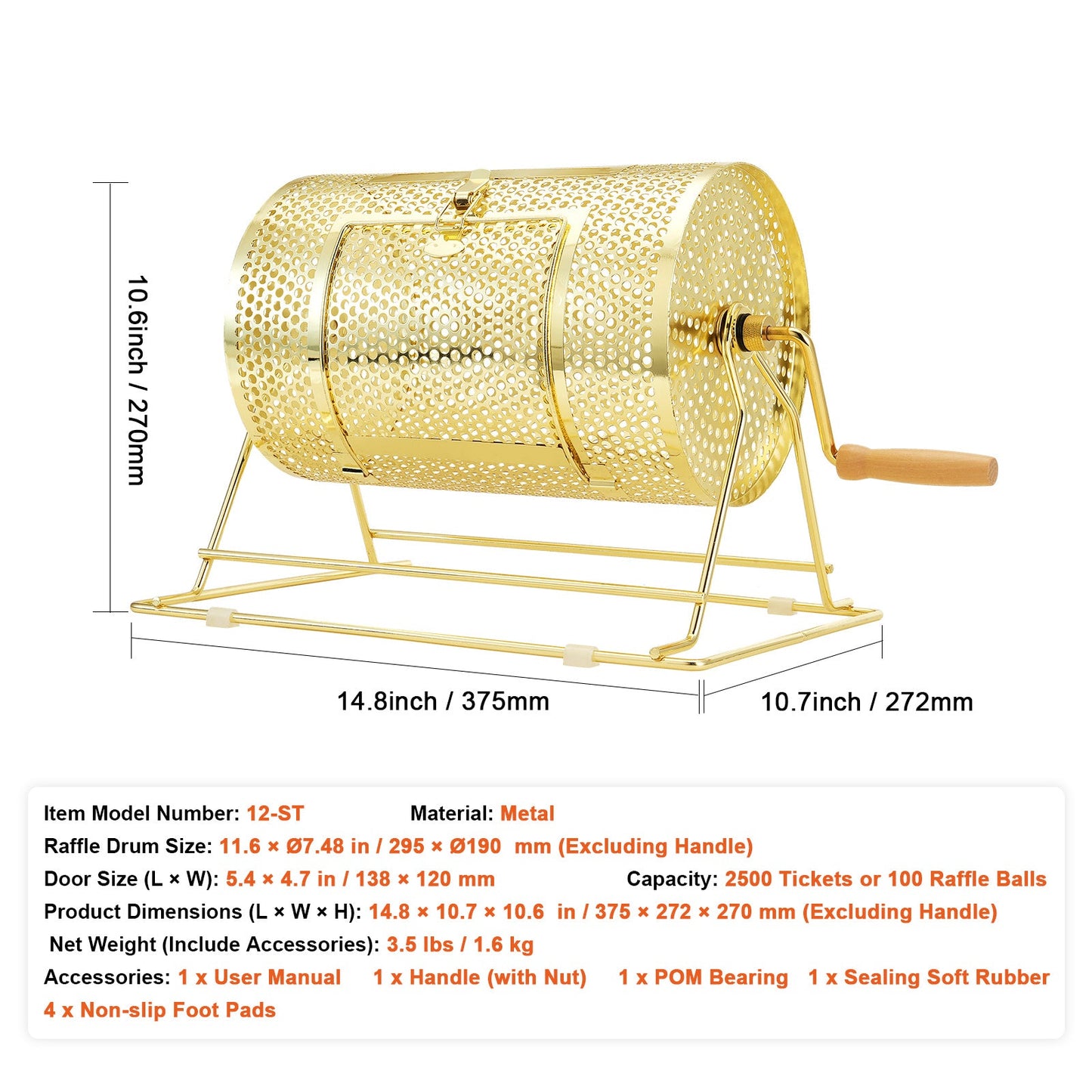 Gold-Tone Raffle Drum with Crank Handle, Perforated Rotating Cage, Base Stand and Ticket Accessories