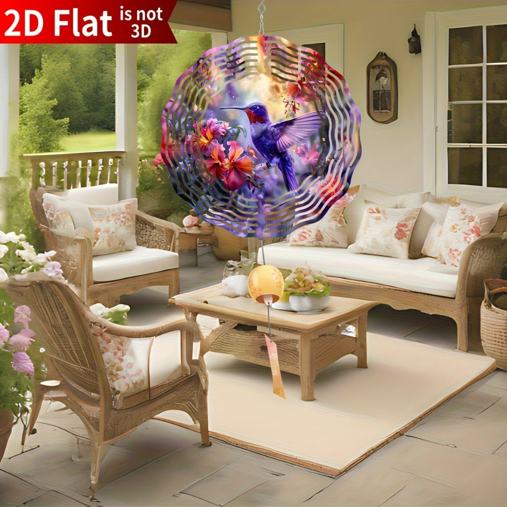 Ten-Inch Hummingbird Garden Wind Spinner with Flat Kinetic Metal Design and Multicolor Floral Artwork