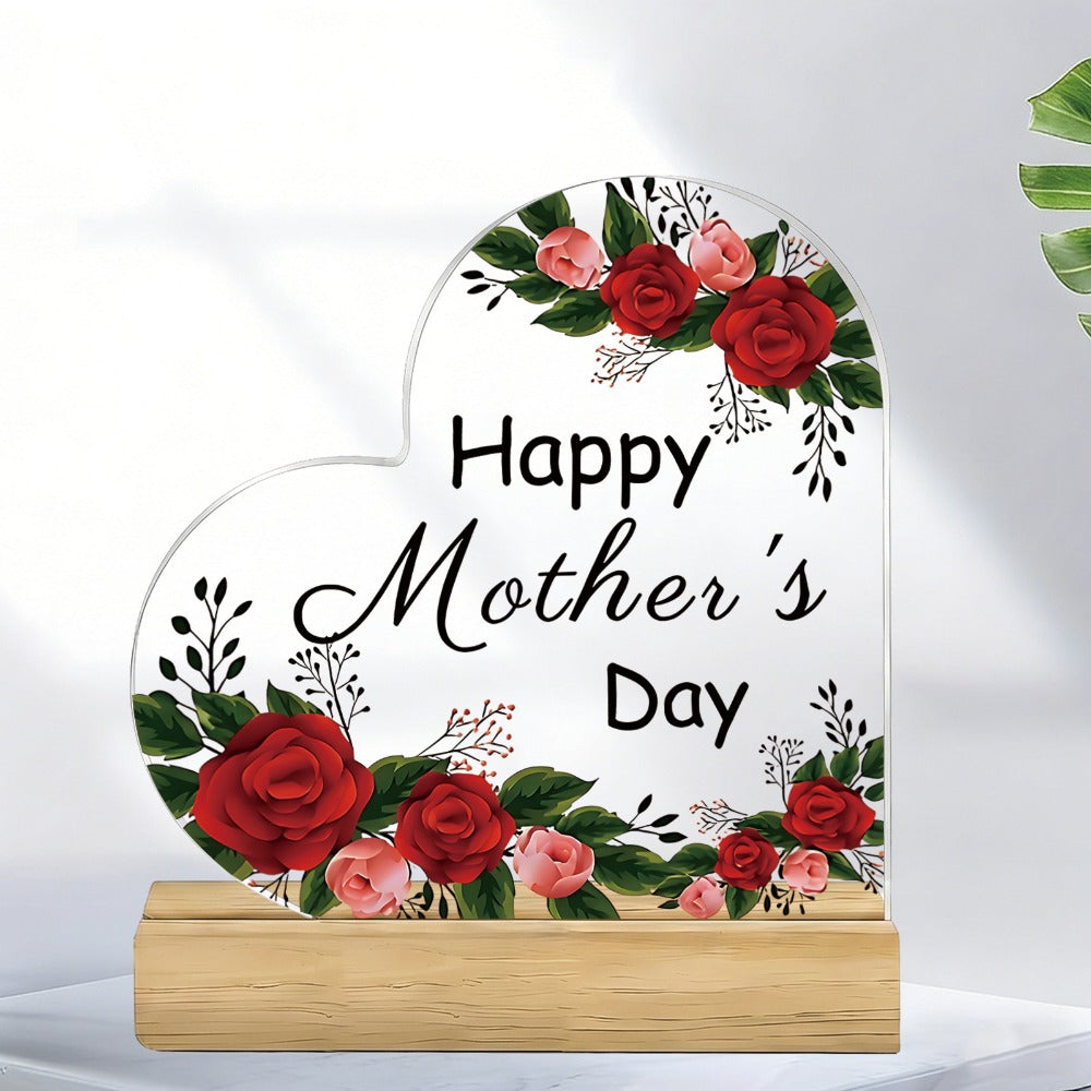 Mother's Day Heart-Shaped Acrylic Sign with Floral Print, 10.8 cm Height and Freestanding Wooden Base