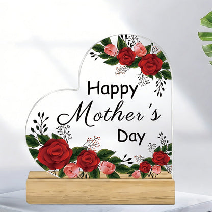 Mother's Day Heart-Shaped Acrylic Sign with Floral Print, 10.8 cm Height and Freestanding Wooden Base